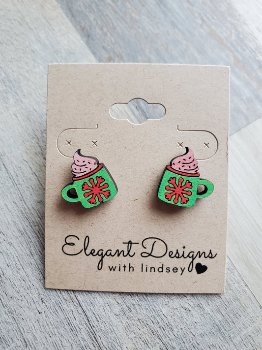 Hot Cocoa Hand Painted Wood/Resin Stud Earrings