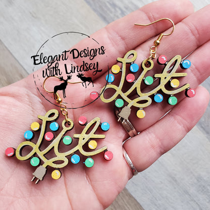 Gold Hand Painted Lit Christmas lights Wood Earrings