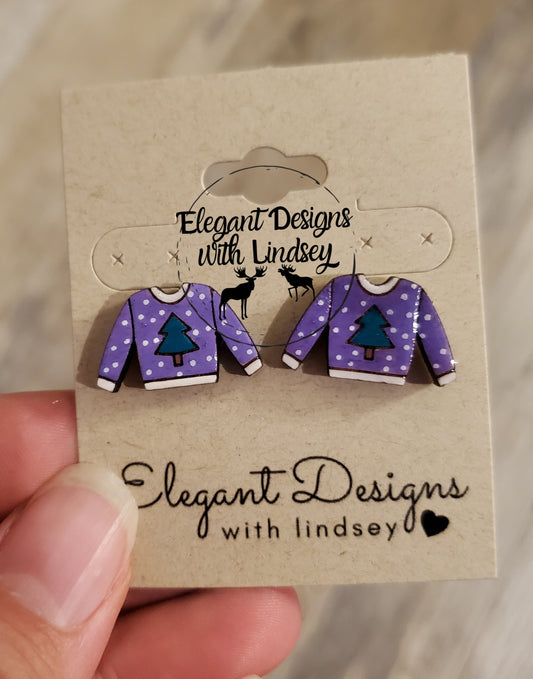 Purple Ugly Christmas Sweater Hand Painted Wood/Resin Stud Earrings