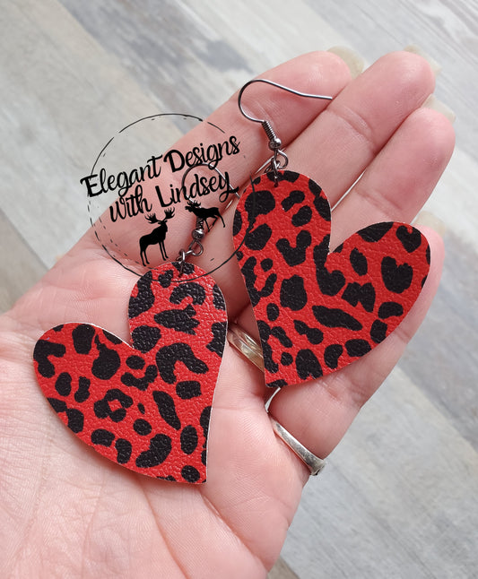 Red Cheetah Heart Faux Leather Earrings