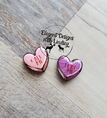 Painted Conversation Hearts Wood/Resin Stud Earrings