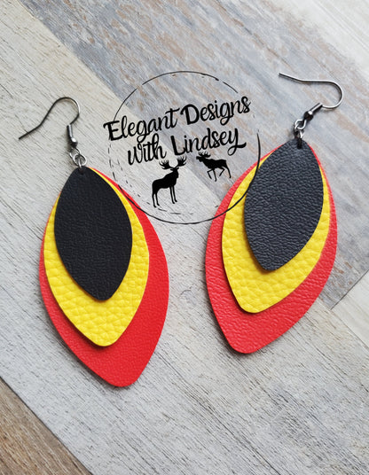 Red/Yellow/Black 3 Layer Faux Leather Earrings
