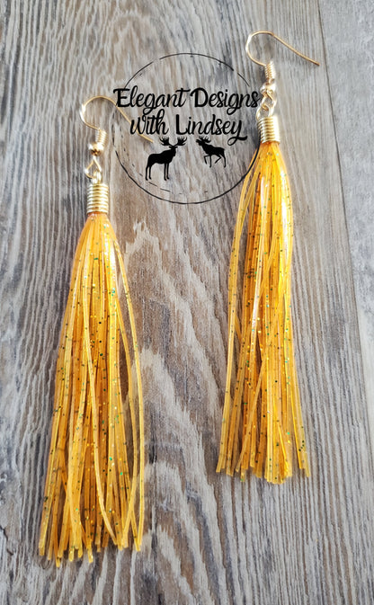 Amber Green/Gold Glitter Skirt Fringe Earrings