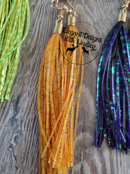 Amber Green/Gold Glitter Skirt Fringe Earrings