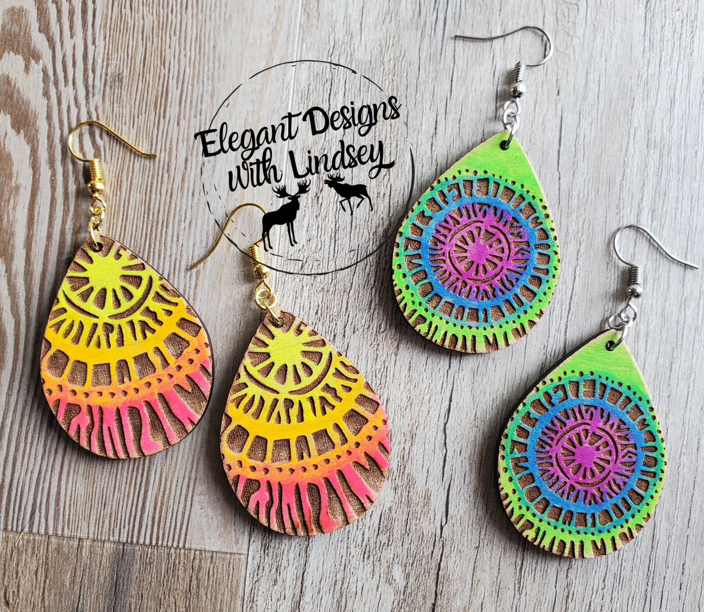 Tye-Dye Hand Painted Wood Earrings-2