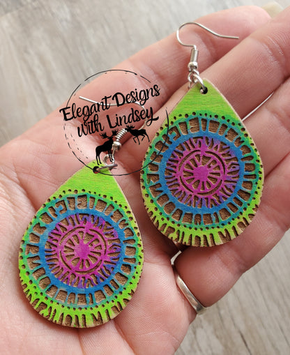 Tye-Dye Hand Painted Wood Earrings-2