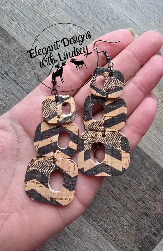 Retro Geometric Dangle Cork Backed Genuine Leather Earrings Black/Gold Flakes