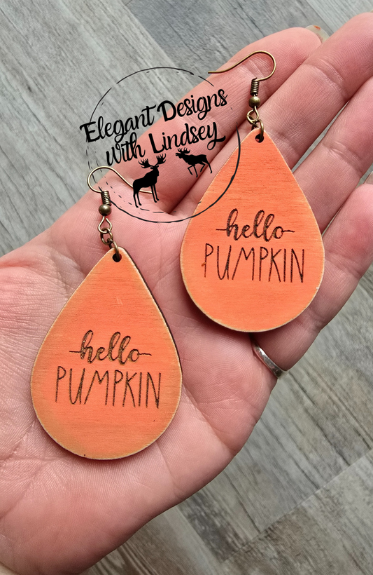 Hello Pumpkin Teardrop Wood Earrings