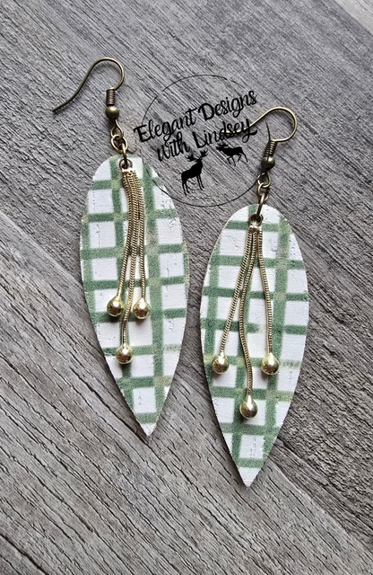 Green Line Dangle Cork Genuine Leather Backed Earrings