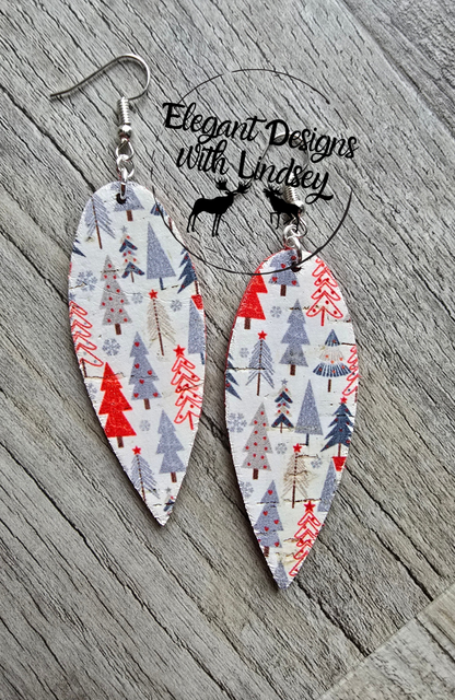 Christmas Tree Dangle Cork Genuine Leather Backed Earrings