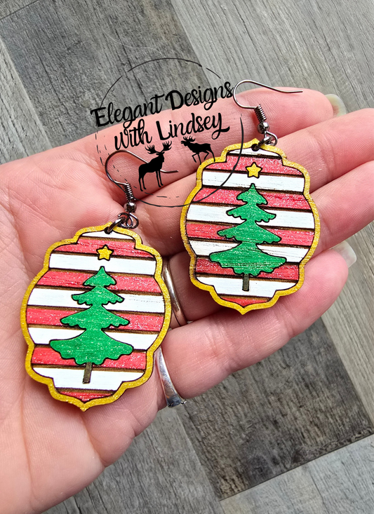 Striped Tree Framed Damask Hand Painted Wood Earrings