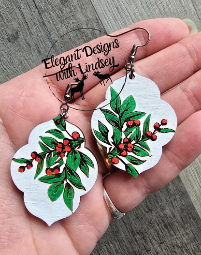 Mistletoe Hand Painted Wood Earrings
