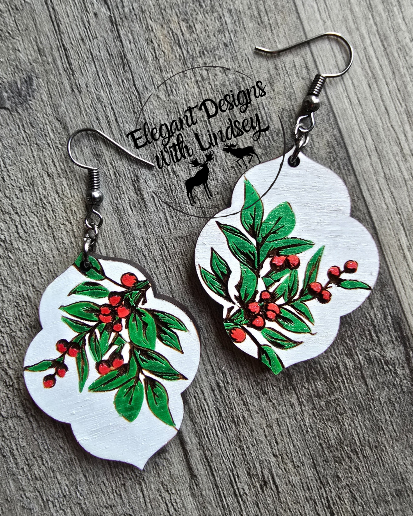 Mistletoe Hand Painted Wood Earrings