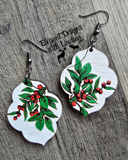 Mistletoe Hand Painted Wood Earrings