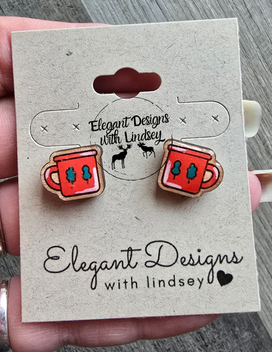 Camp Coffee Cup Hand Painted Wood/Resin Stud Earrings