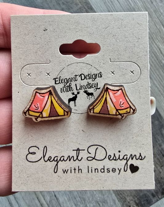 Camping Tent Hand Painted Wood/Resin Stud Earrings