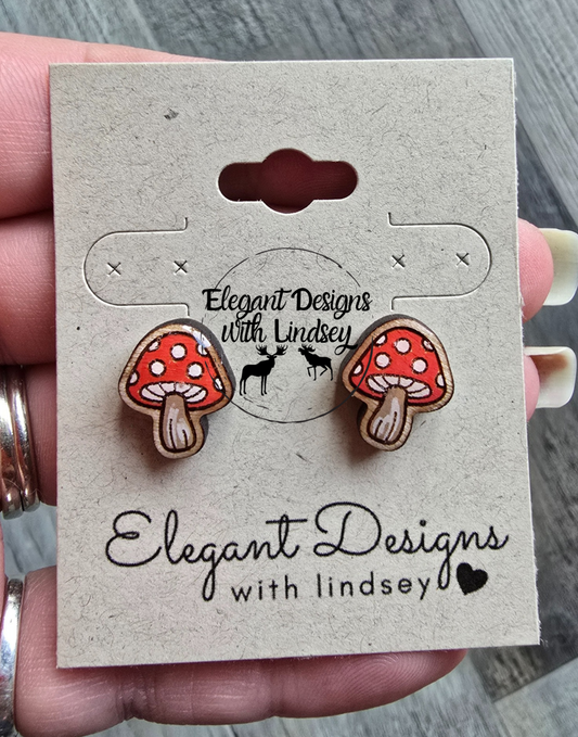 Forest Mushroom Hand Painted Wood/Resin Stud Earrings