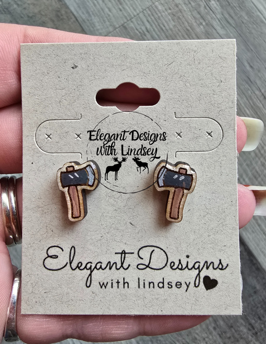 Camping Axe Hand Painted Wood/Resin Stud Earrings