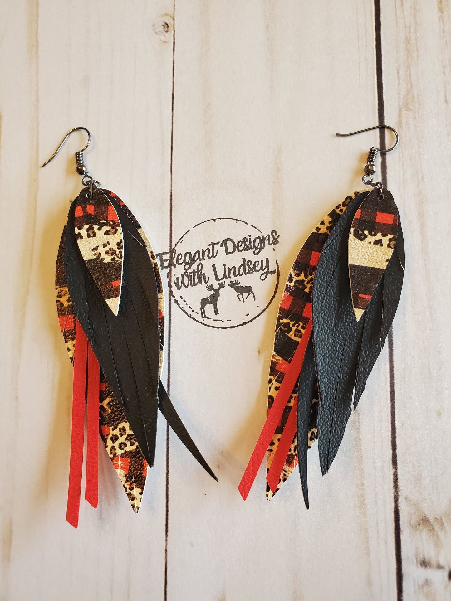 faux leather 5 layer fringe earrings Red plaid/cheetah print brush stroke