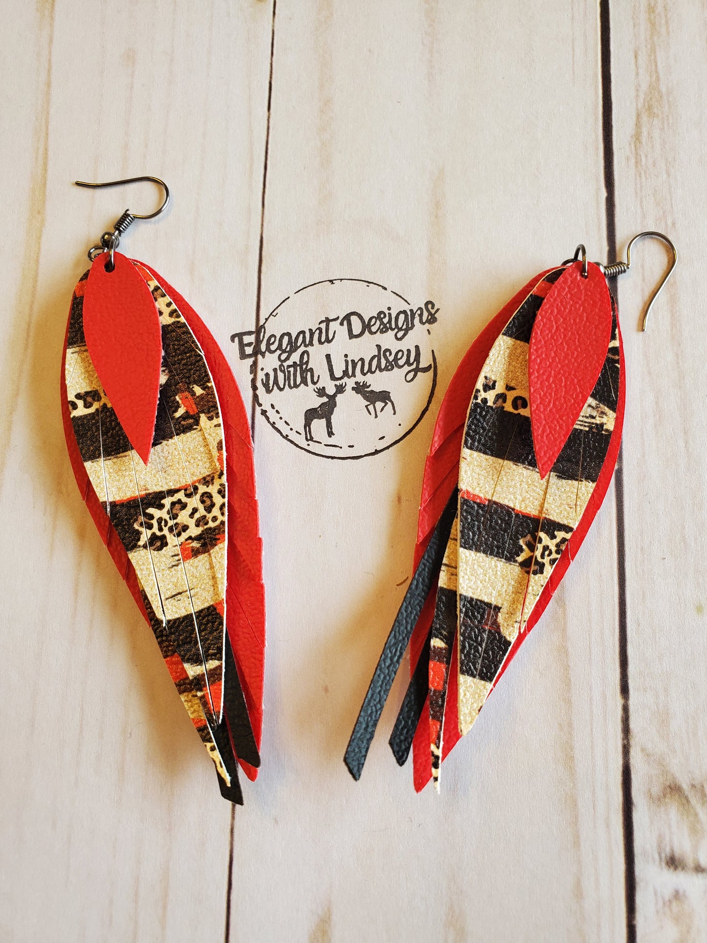 faux leather 5 layer fringe earrings Red plaid/cheetah print brush stroke