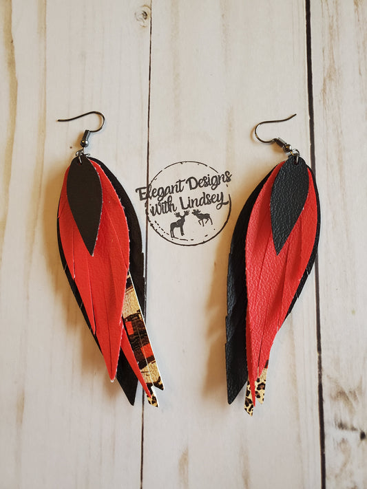 faux leather 5 layer fringe earrings Red plaid/cheetah print brush stroke