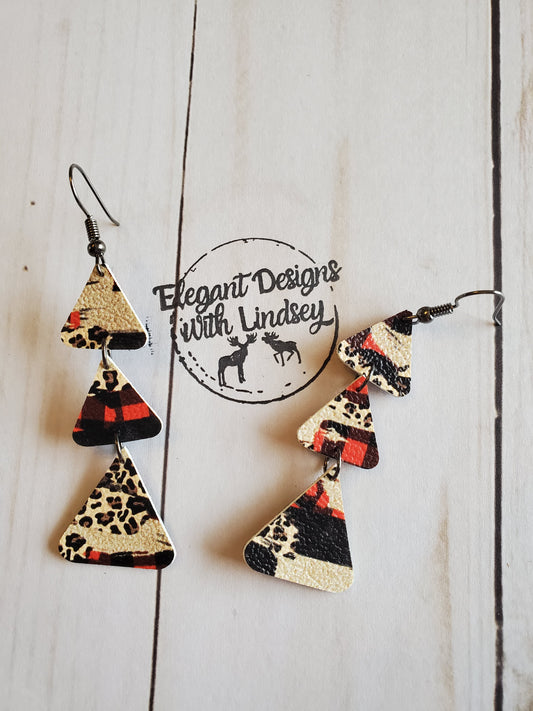 Red plaid brushstroke Faux leather dangle earrings