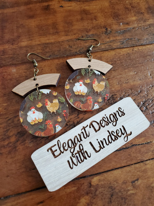 Acrylic Chicken and Wood Accent Earrings