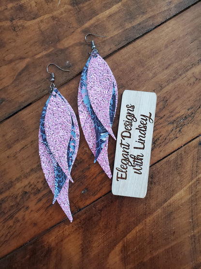 Blue/purple feather faux leather earrings