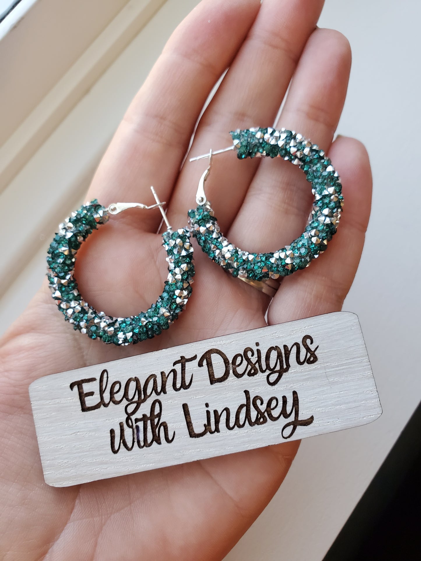 Emerald green chunky rhinestone hoop earrings