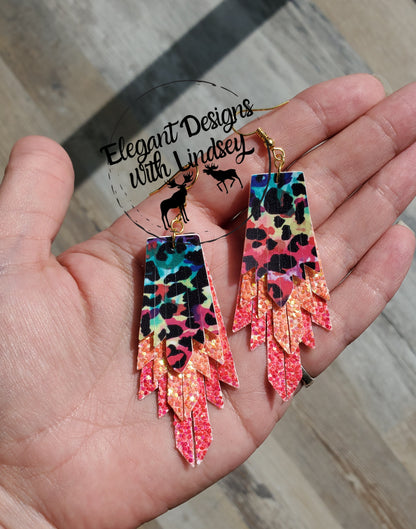 Rainbow Cheetah Mini Boho Fring faux leather earrings