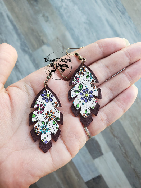 Flower Feather Faux leather earrings