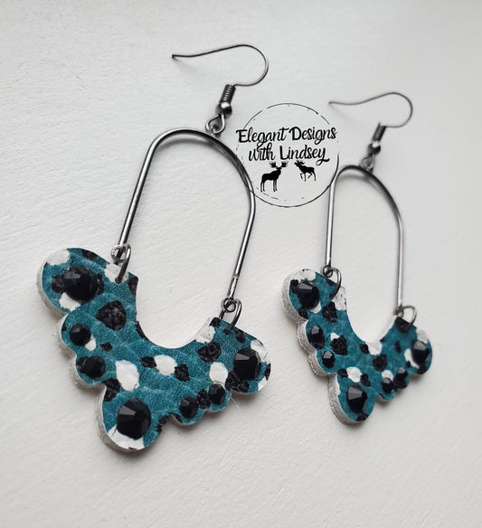 Arch teal cheetah jeweled Genuine Leather Earrings