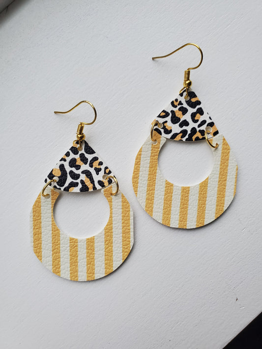 Yellow Stripe Circle Scoop Faux leather earrings