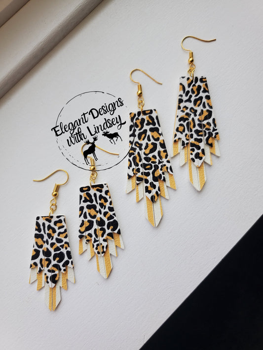 Mini Boho Fringe yellow cheetah/stripe faux leather earrings