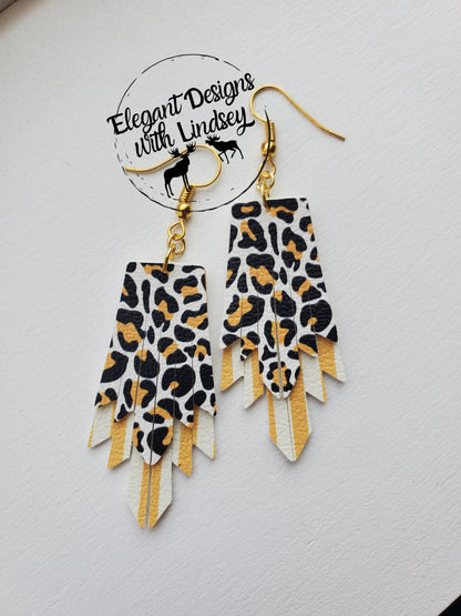 Mini Boho Fringe yellow cheetah/stripe faux leather earrings