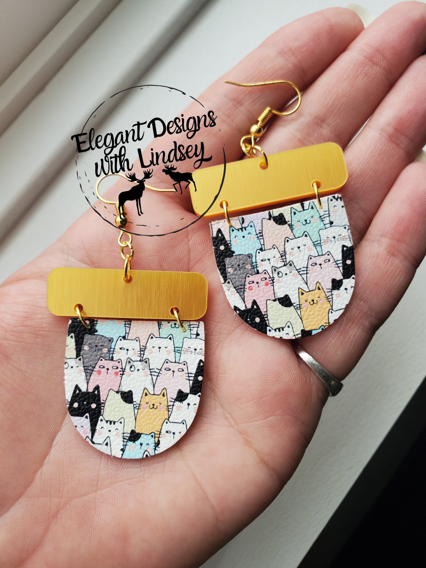 Acrylic Brushed Gold Bar Kitty Faux leather earrings
