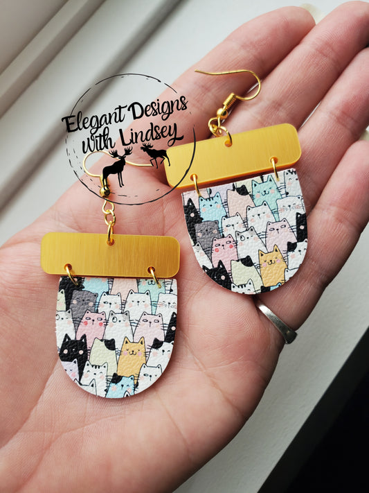 Acrylic Brushed Gold Bar Kitty Faux leather earrings