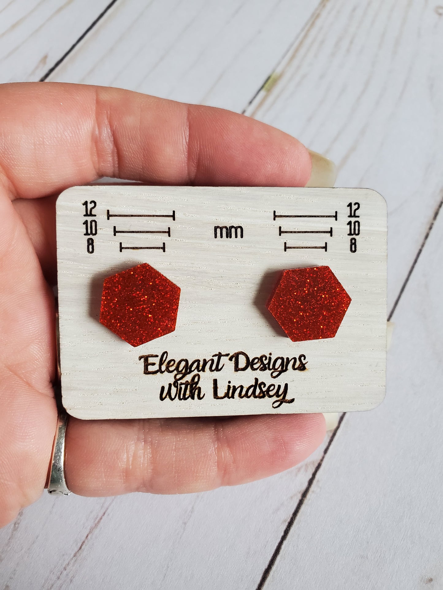 Hexagon Red Glitter Acrylic Stud Earrings