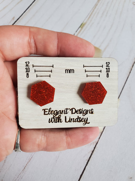 Hexagon Red Glitter Acrylic Stud Earrings