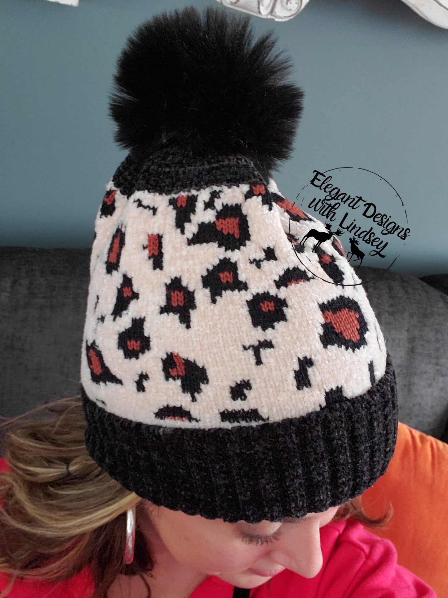 Black Leopard print winters hat with pom