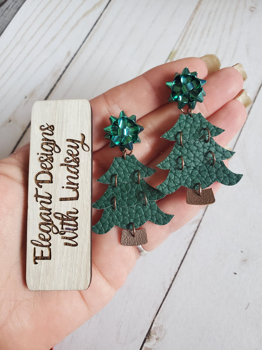 Bow Christmas tree faux leather earrings