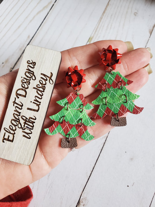 Bow Christmas tree faux leather earrings
