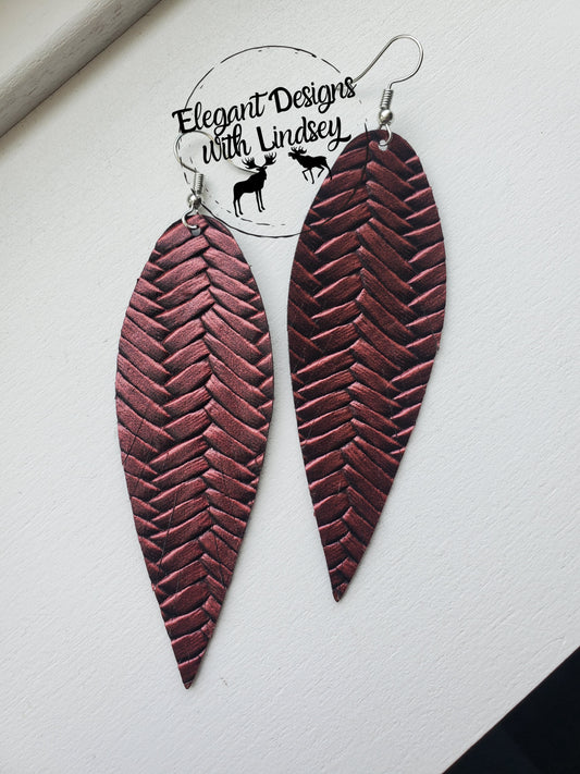 Burgundy Fishtail Metallic Fringe Faux Leather Earrings