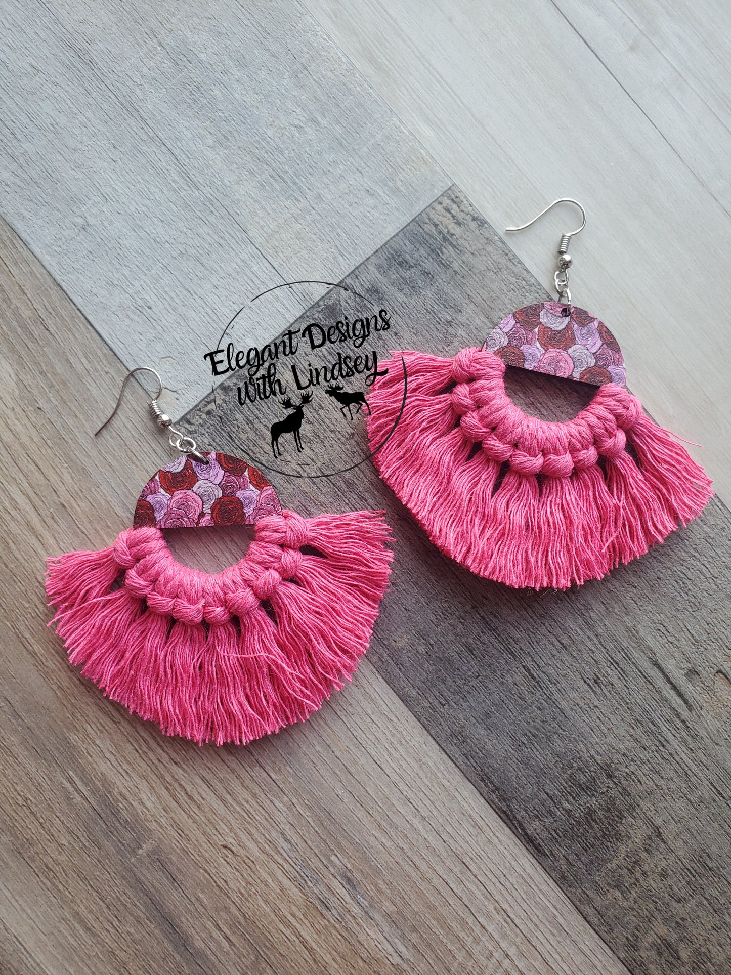 Rose Printed Wood Macrame Earrings