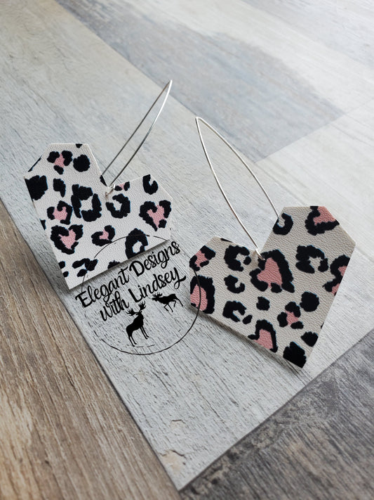 Pink Cheetah Heart Faux Leather Earrings