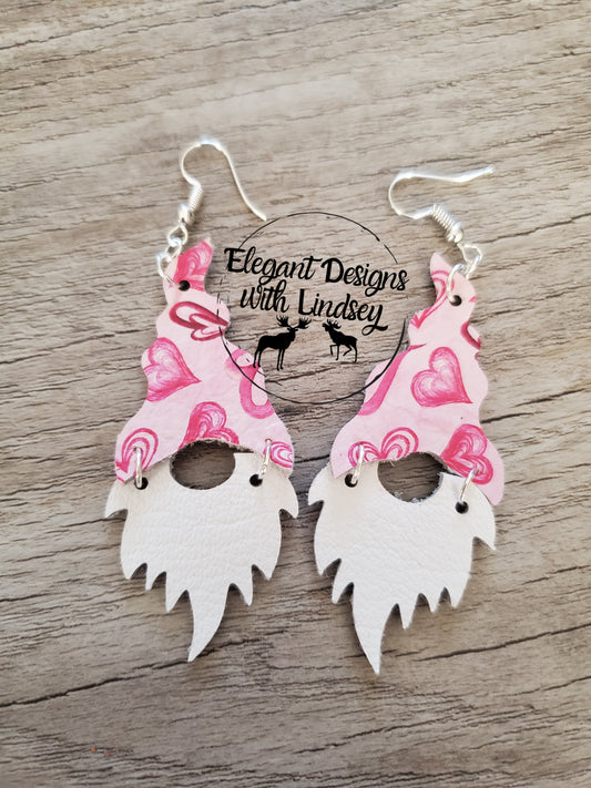 Pink heart gnome genuine leather earrings-m