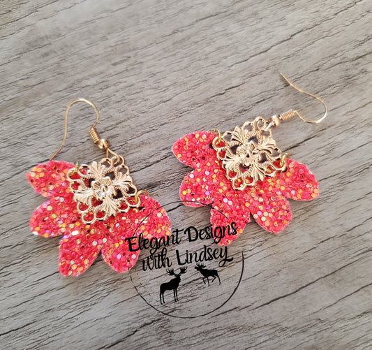 Pink Glitter Embellished Flower Faux leather earrings