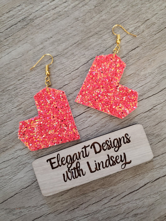 Pink Glitter Heart Faux Leather Earrings
