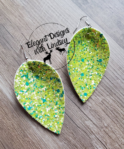 Green Glitter Pinched Faux leather earrings