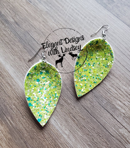 Green Glitter Pinched Faux leather earrings
